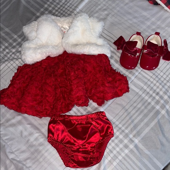 Cat & Jack Other - Red and White Baby Dress Set with Red Velvet Bow Shoes